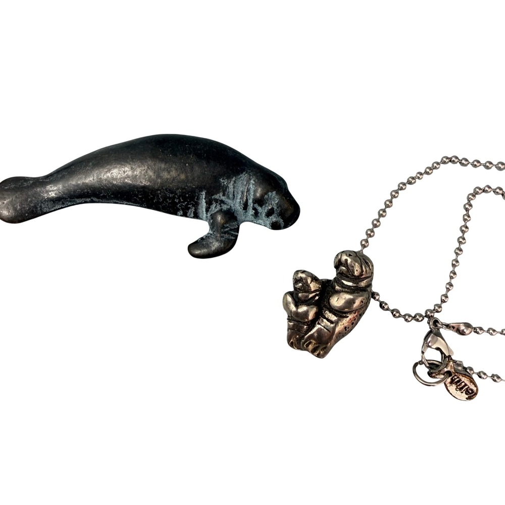 Feifish Manatee Mother and Calf Necklace and Bronze Manatee Figurine Paperweight